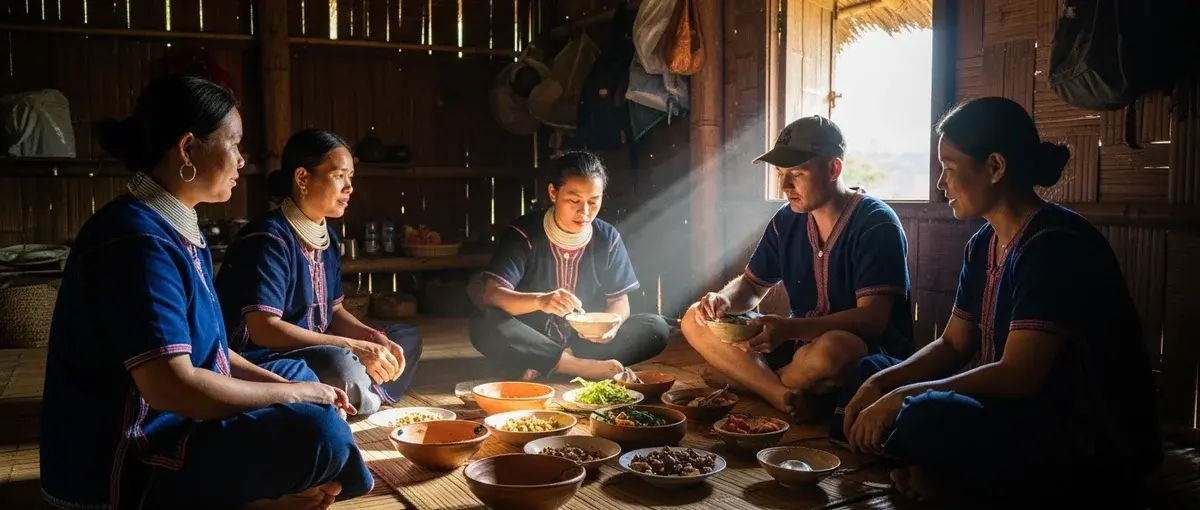 Karen Hill Tribe family sharing a meal with a traveler, cultural exchange.