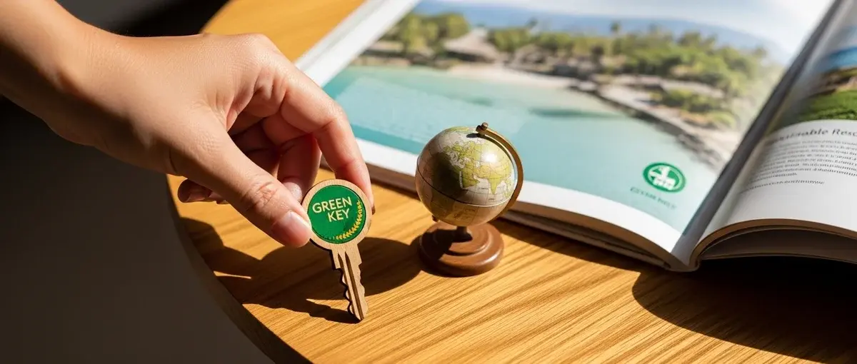 Green Key Certification symbol on a table, representing eco-friendly travel