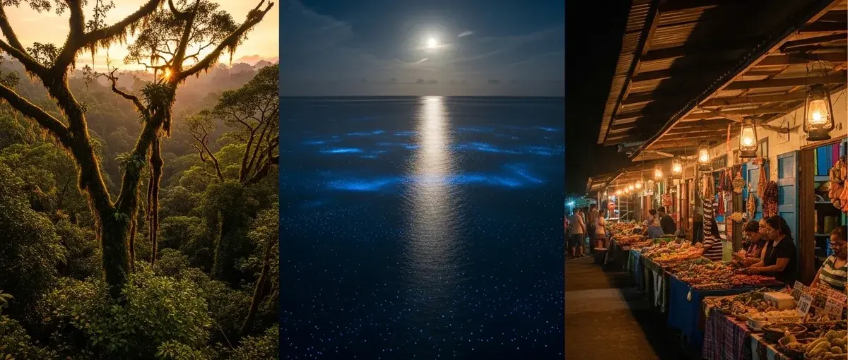 Diverse landscapes representing a multi-stop eco-luxe honeymoon journey