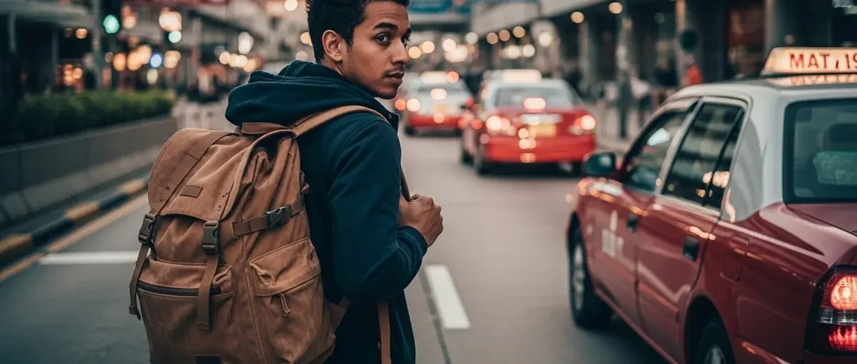 Traveler being cautious of a taxi driver outside an international airport, highlighting scam awareness.