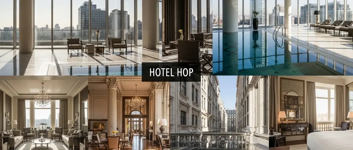 Visual representation of the 'Hotel Hop Trend' with multiple luxury hotel scenes.