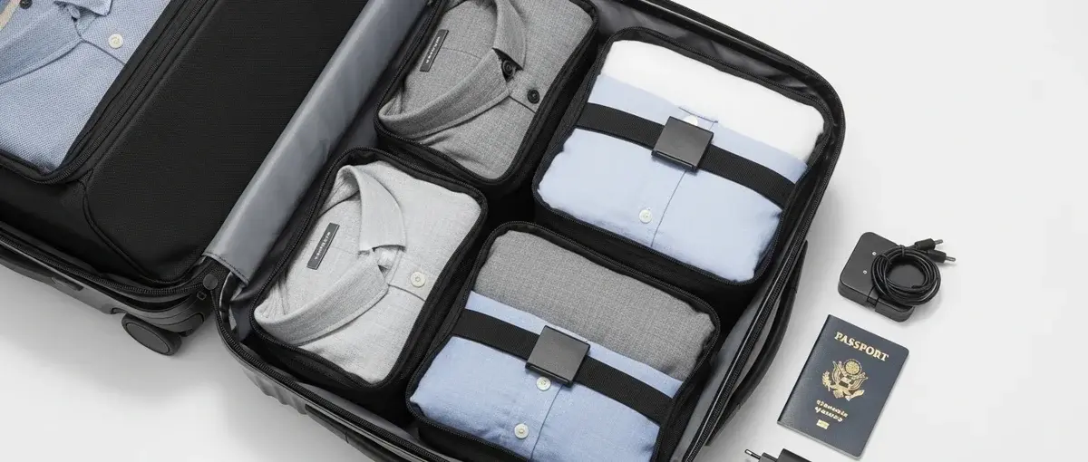 Open carry-on suitcase with organized packing cubes and a capsule wardrobe, showing efficient space utilization.