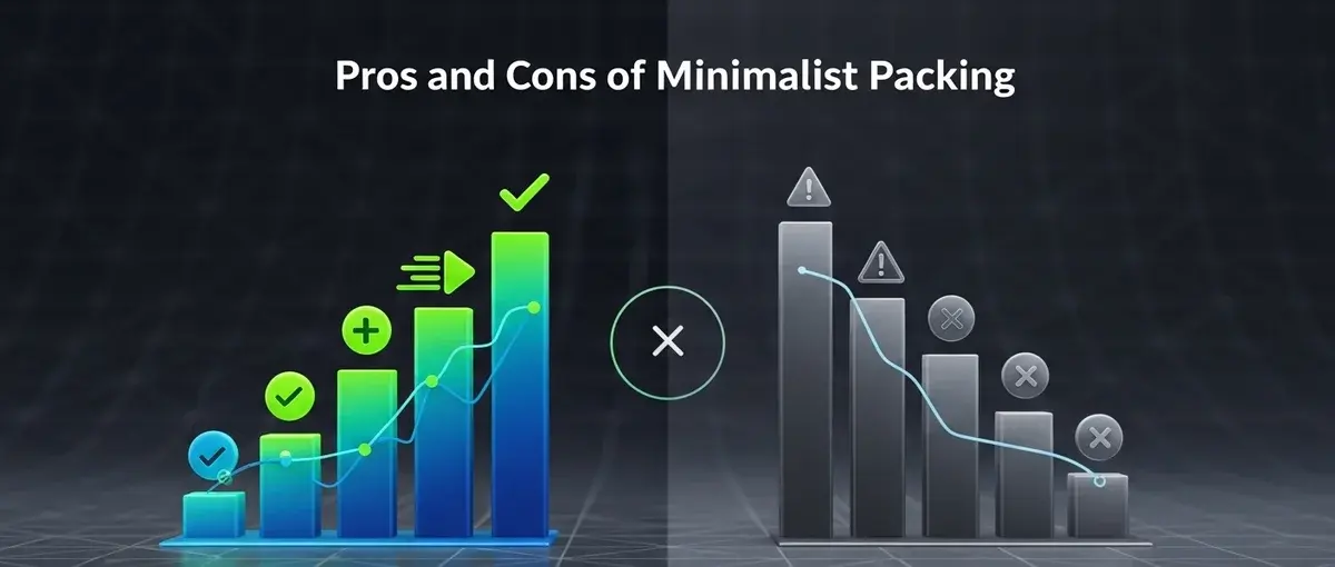 Infographic illustrating the pros and cons of minimalist packing for flexi-workers, showing enhanced mobility versus limited versatility.