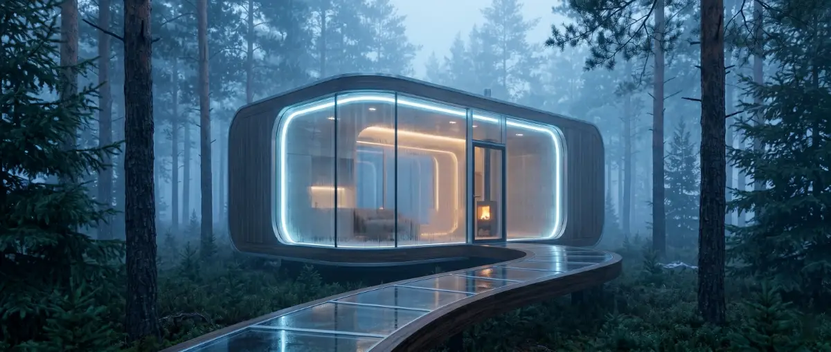 A minimalist glass cabin in a quiet forest representing hushpitality travel.
