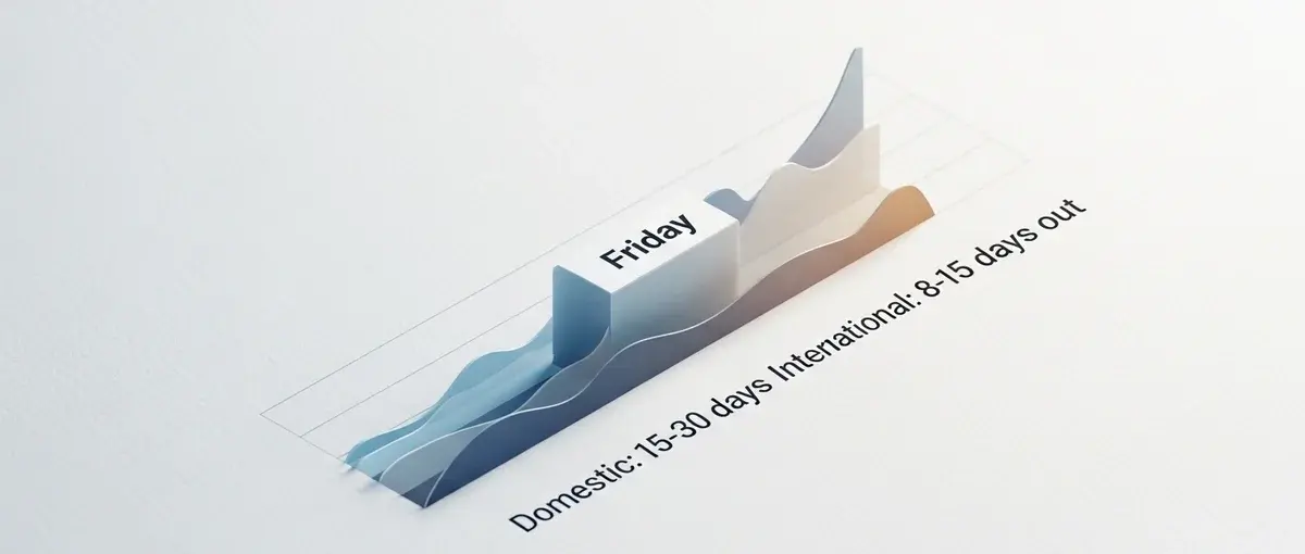 Infographic showing optimal flight booking windows and cheapest day to fly for short trips.