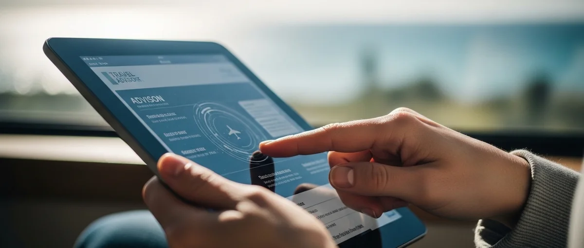 A person researching travel advisories on a tablet, ensuring a safe and informed trip.