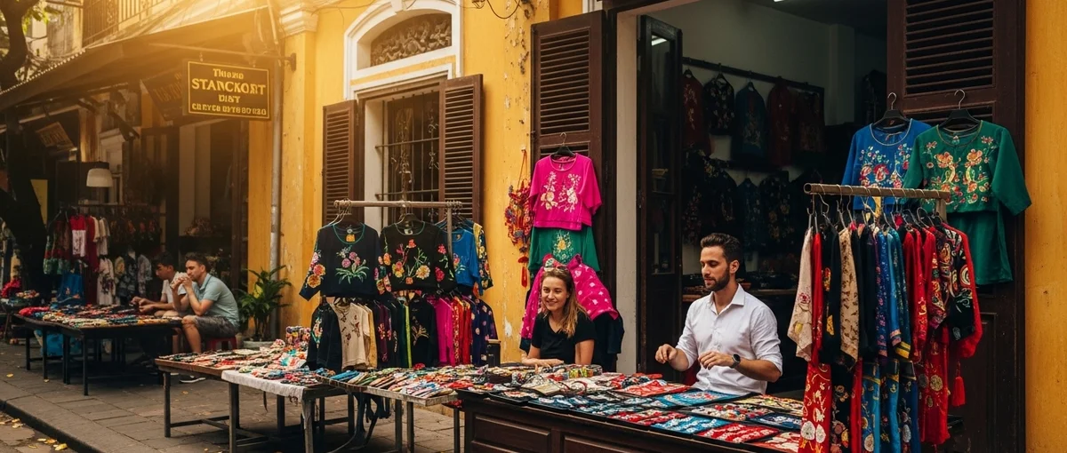 A traveler interacting with a local artisan in a vibrant street, symbolizing cultural immersion through budget-friendly hotel choices.