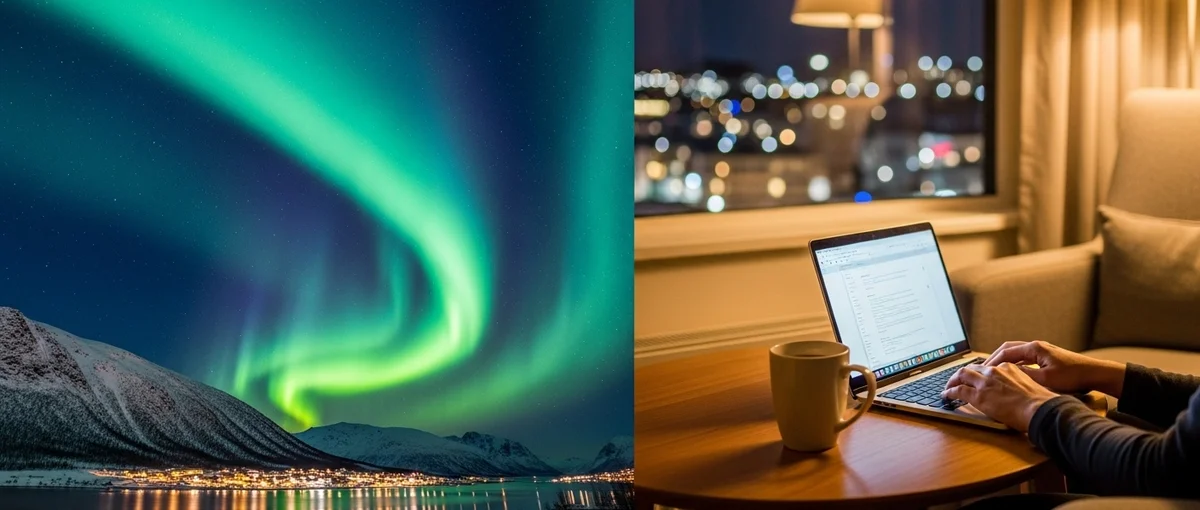 A traveler enjoying the Northern Lights while another works in a hotel, illustrating the 'bleisure' travel concept.