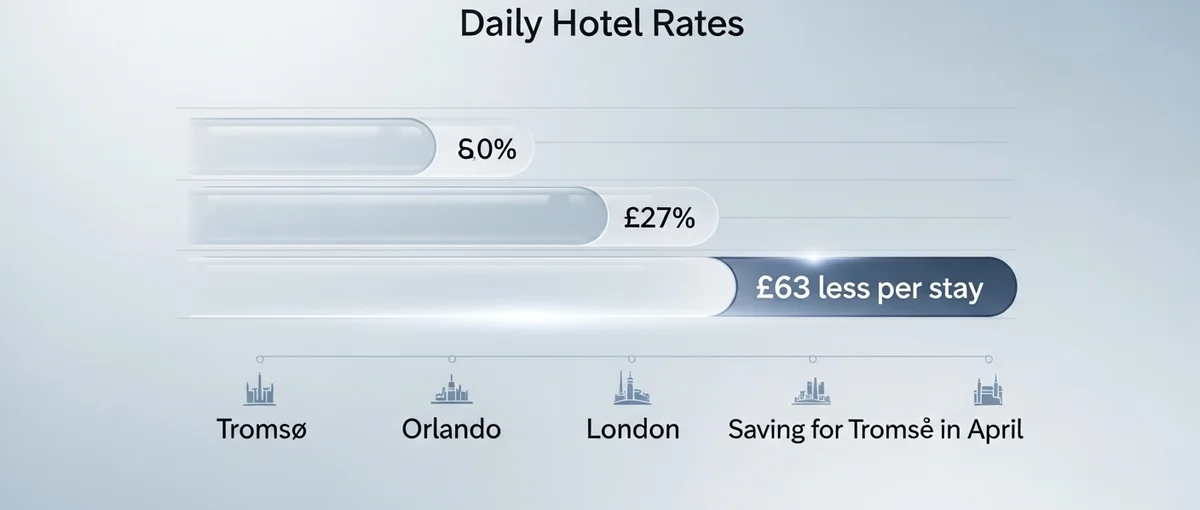 Infographic showing hotel pricing trends and savings for Tromsø, Orlando, and London.