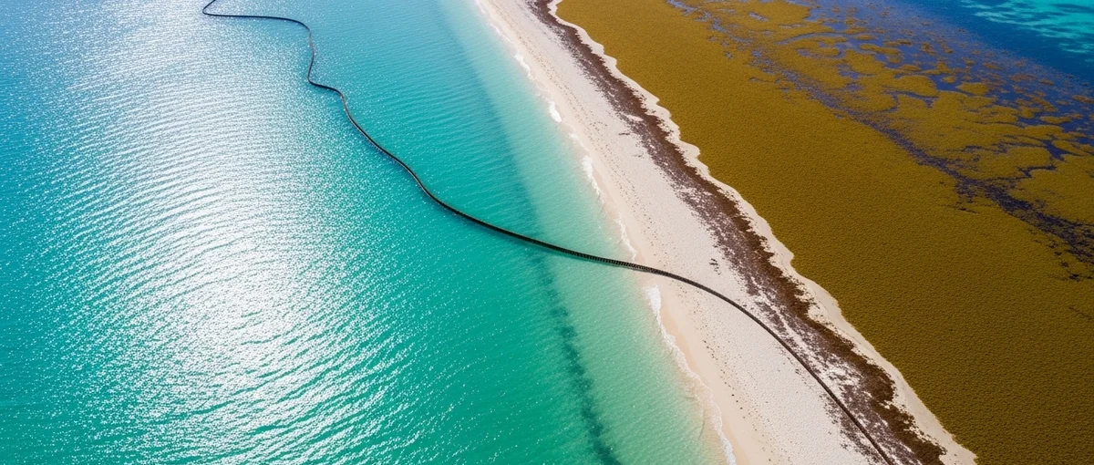 An aerial view of a clean beach protected by sargassum barriers, demonstrating effective coastal management.