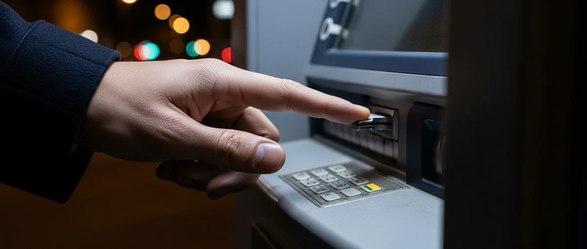 A traveler's hand carefully inspects an ATM card slot for skimming devices, a crucial step in preventing financial fraud.
