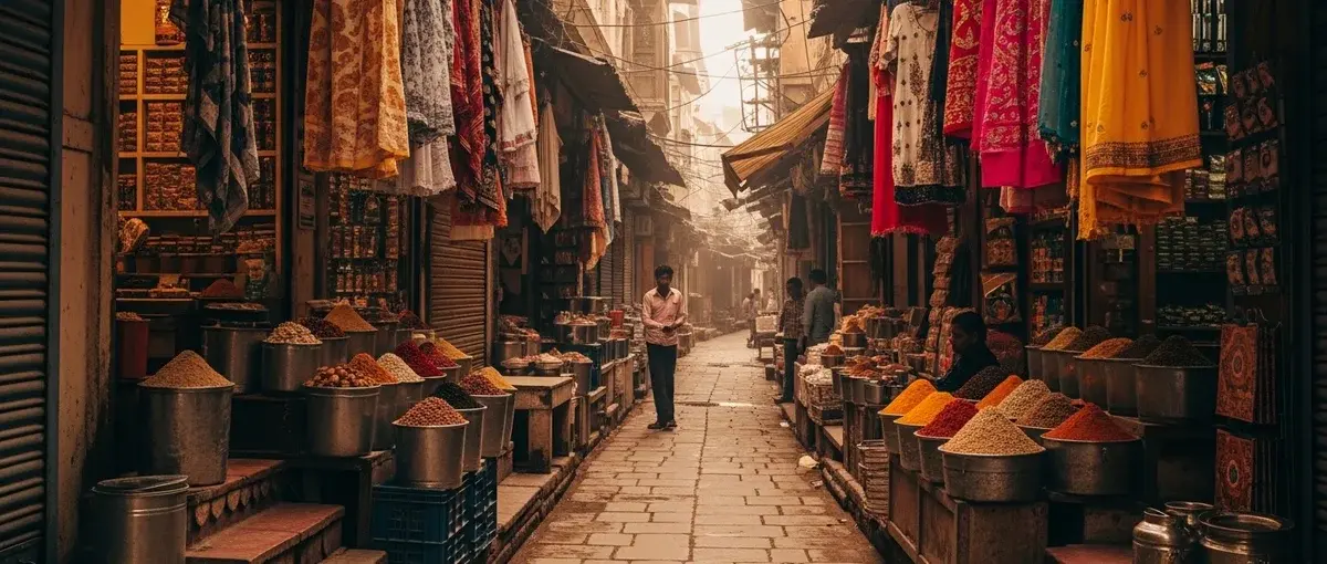A vibrant, narrow street in an old Indian city, filled with traditional shops and local activity, depicting an immersive cultural experience.
