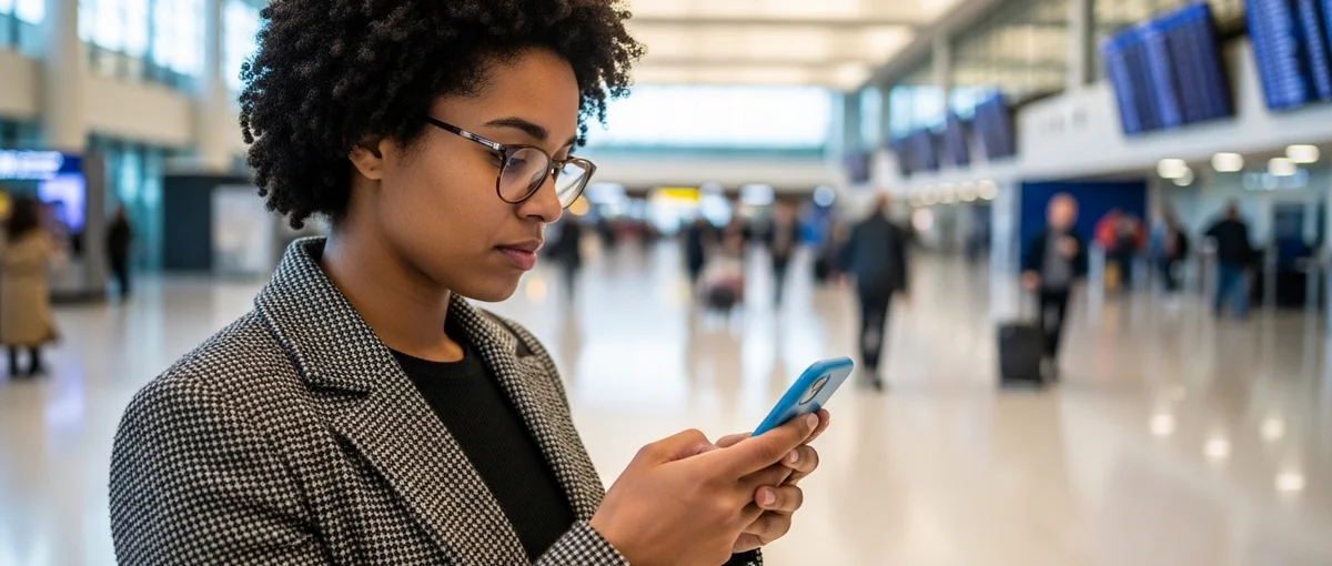 A traveler checking real-time government travel advisories on their phone in a busy airport.