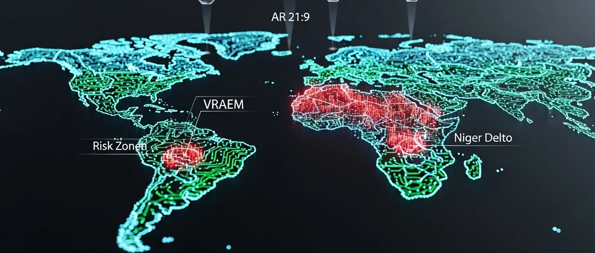 Data visualization showing global travel risk levels and specific crime hotspots in Peru, South Africa, and Nigeria.