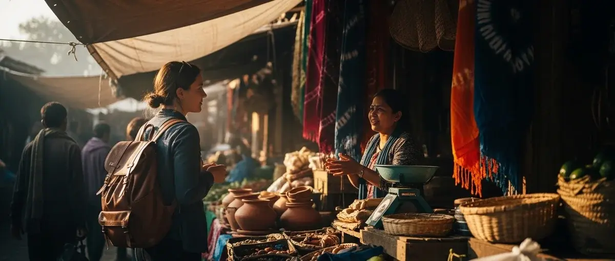 A traveler engaging with local vendors at a vibrant market in a quiet mountain village, showcasing authentic cultural immersion.