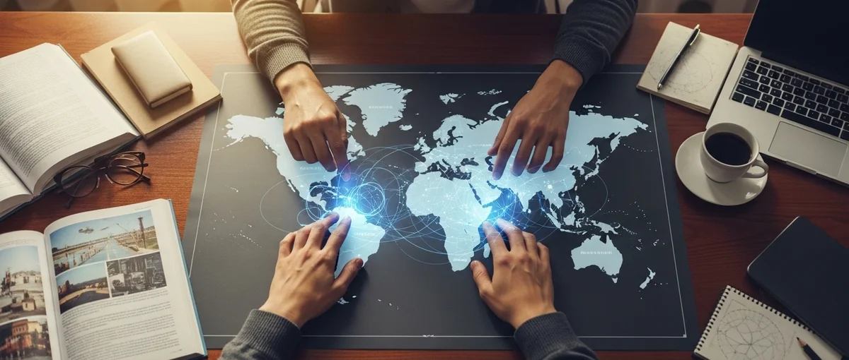A traveler planning a trip using a data-rich world map and laptop, highlighting strategic hotel booking.