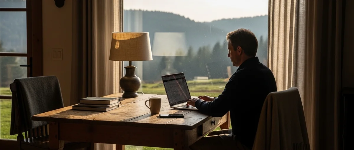 A digital nomad working on a laptop in a rustic co-living space, illustrating budget-friendly remote work options.