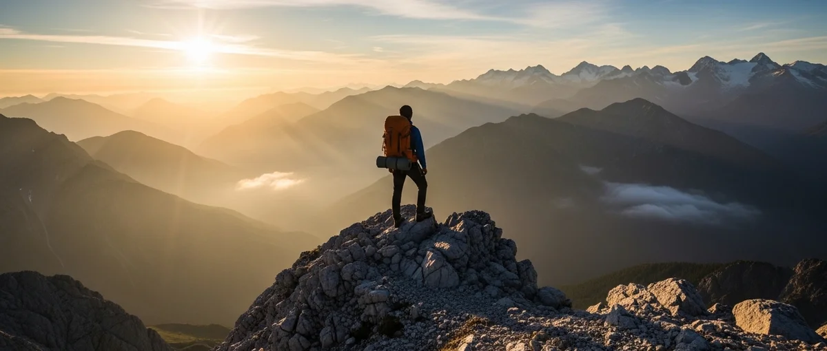 A solo traveler demonstrating how to travel on a budget, standing on a mountain peak overlooking a vast, beautiful landscape at sunrise.