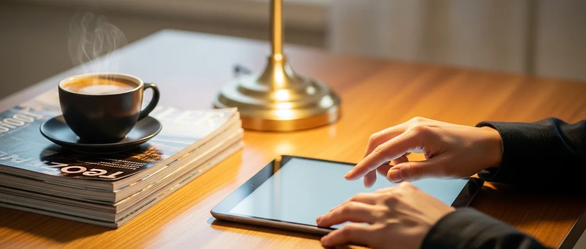 A discerning traveler researching unique luxury hotel stays on a tablet, surrounded by travel guides.