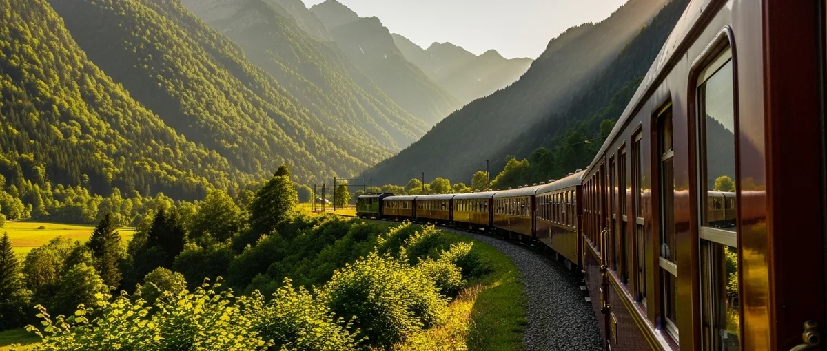 A luxurious vintage train traveling through a scenic European landscape, representing the golden age of rail travel.