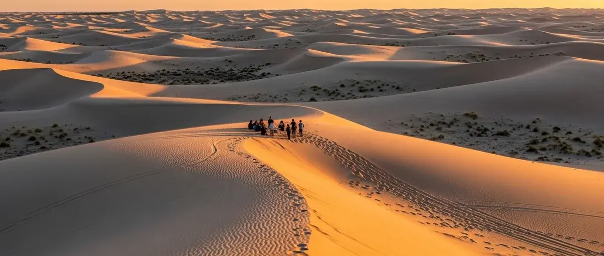 People participating in a creative retreat amidst the stunning Red and White Sand Dunes of Mũi Nẽ, Vietnam.