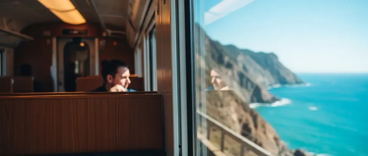 Traveler enjoying a panoramic coastal view from a train window