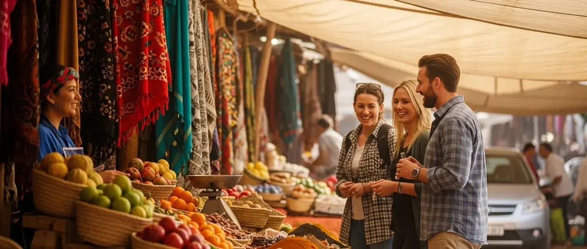 Travelers engaging with locals in a vibrant market, showcasing cultural immersion during a self-drive trip.