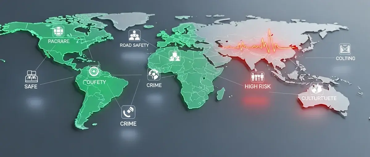 Infographic illustrating global self-drive safety and risk zones, highlighting road safety concerns.