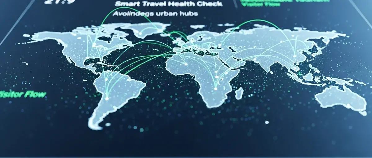 A holographic map illustrating 'Smart Travel Health Check' destinations for sustainable, less-crowded travel.
