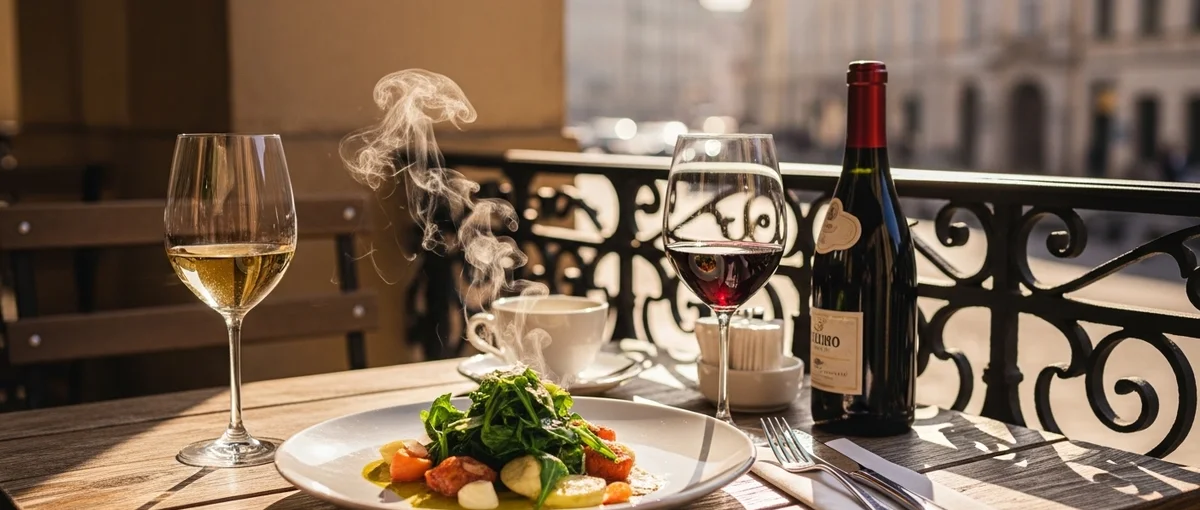 A traveler enjoying a quiet meal alone at an outdoor cafe, embracing solitude and mindful presence in a European city.