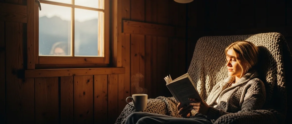 A person relaxing in a rustic alpine hut, reading a book, with a stunning view of summer mountains outside, symbolizing a digital detox.