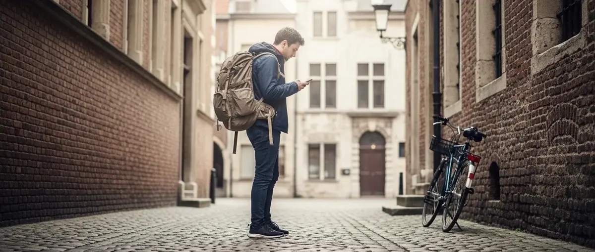 A traveler uses an offline map on their phone to navigate a historic European street, emphasizing the benefit of avoiding data roaming costs.