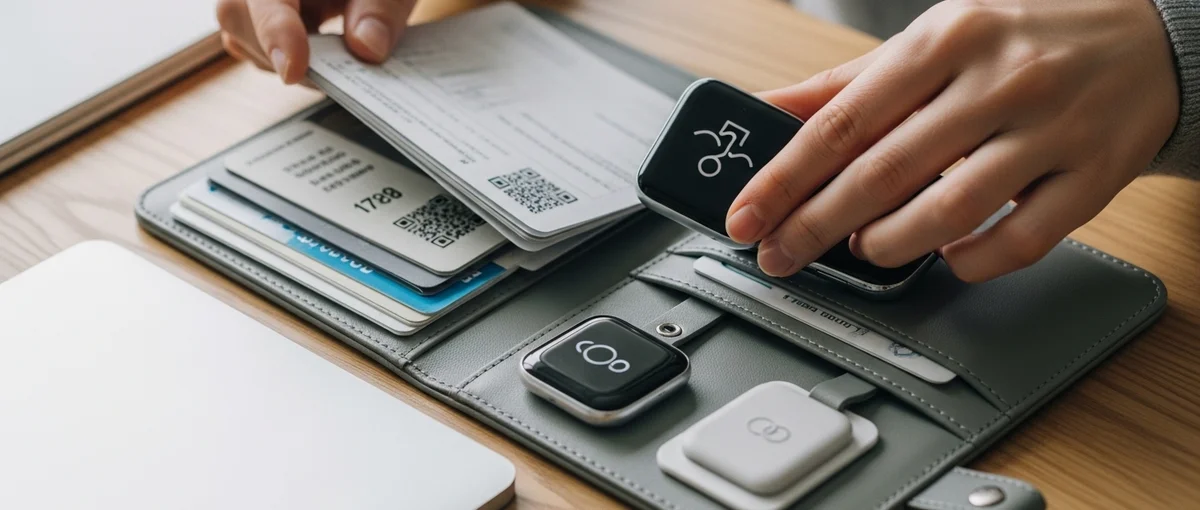 Hands organizing crucial travel documents and smart tracking gadgets for a trip.