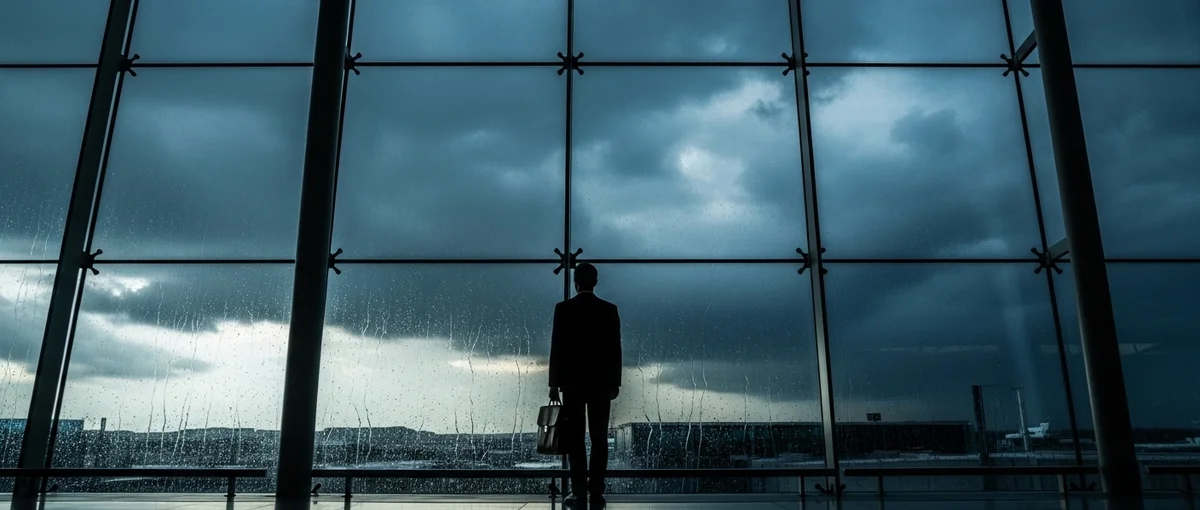 A business traveler observes a stormy sky from an airport, representing the unpredictable nature of travel disruptions.