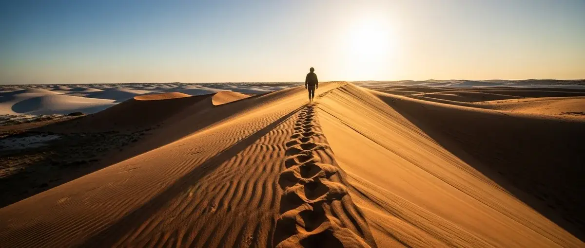 A person walking on the Red Sand Dunes in M\u0169i N\u00e9, Vietnam, showcasing the unique geological formations.