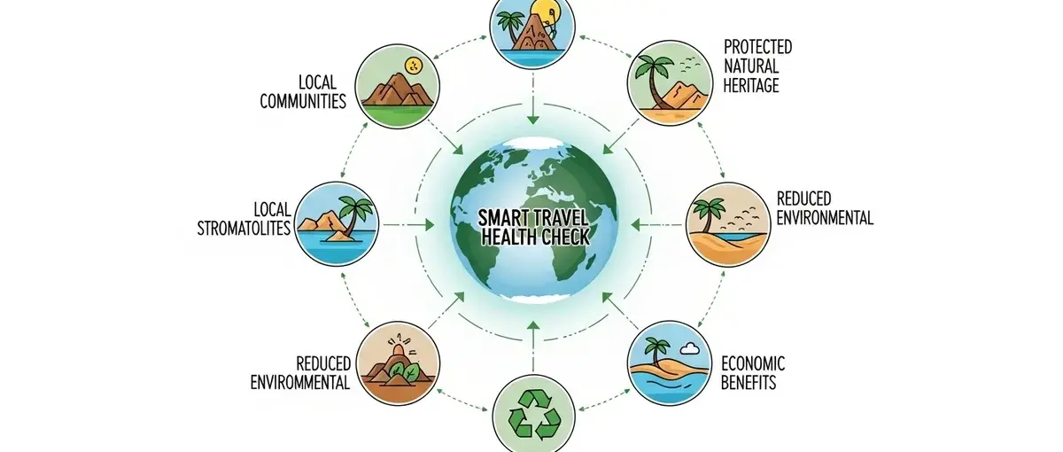 Infographic illustrating Expedia's Smart Travel Health Check and the principles of sustainable tourism.