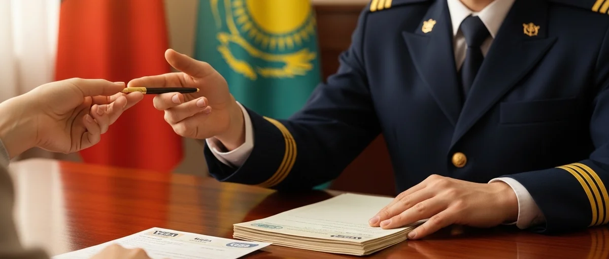 A U.S. consular officer reviewing an applicant's documents during a visa interview.