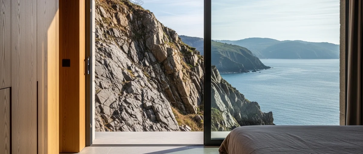 Interior of a luxury hotel room carved into a hillside, showcasing natural materials and a panoramic view of the Bay of Biscay, emphasizing cultural immersion.