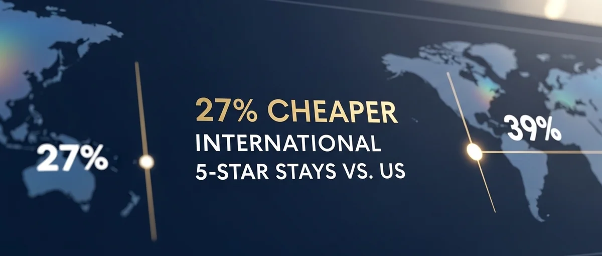 Infographic illustrating that international 5-star luxury hotel brands are 27% cheaper than US stays, highlighting global accessibility.