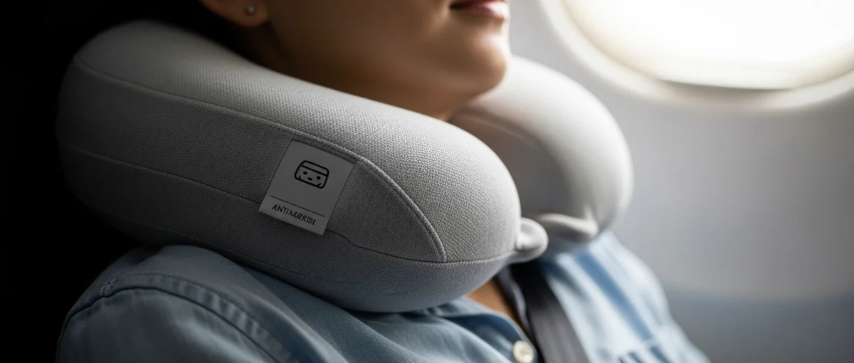 A close-up shot of a modern ergonomic travel pillow supporting a passenger's neck during a long flight, highlighting comfort.