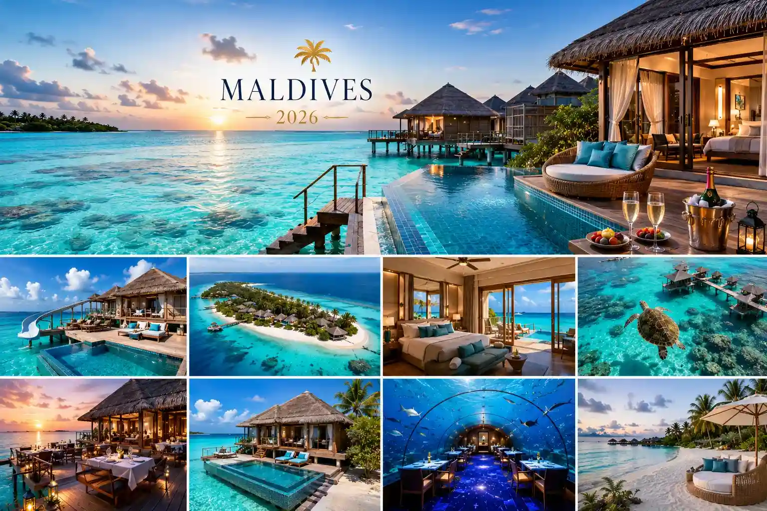 Luxury overwater villas in the Maldives at sunset with crystal-clear lagoon views.