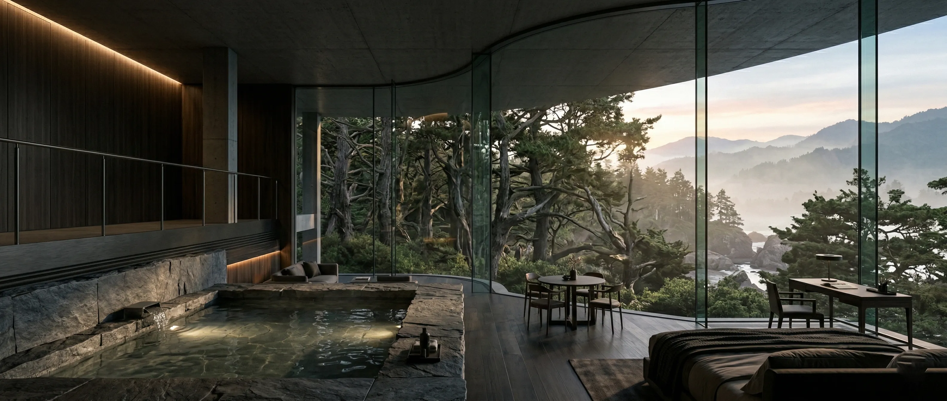Private onsen bath in an isolated adaptive reuse luxury hotel room.
