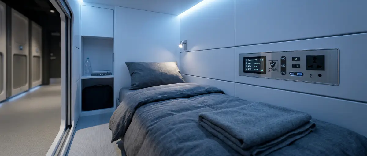 An ISO-certified privacy pod featuring integrated technology for async nomads.