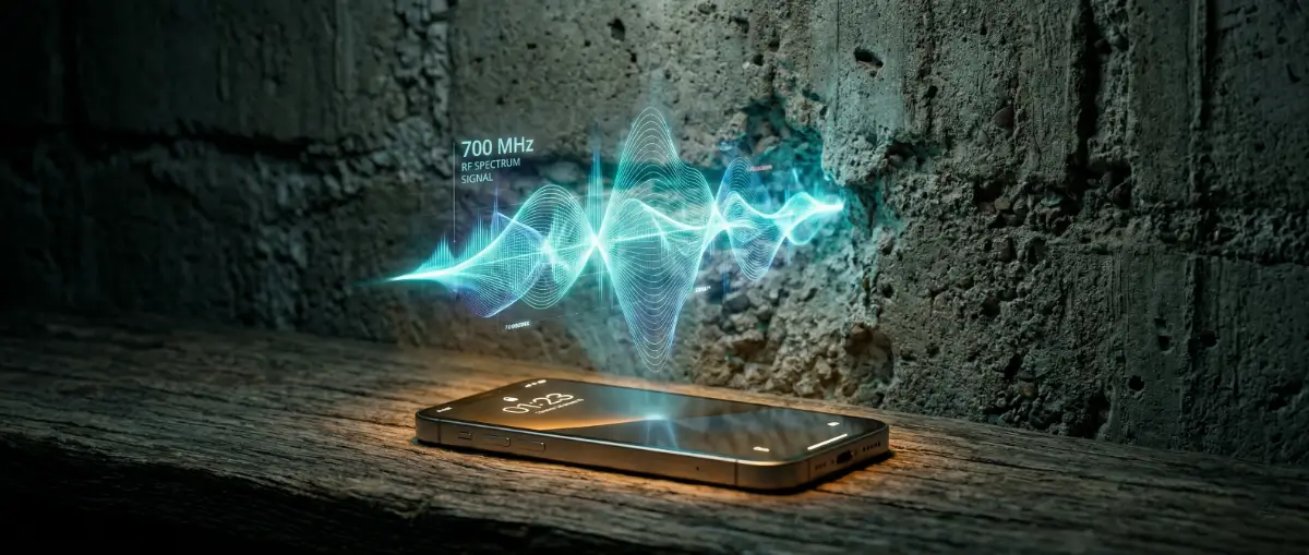 Smartphone illustrating 700 MHz 5G spectrum penetrating thick concrete walls in India.