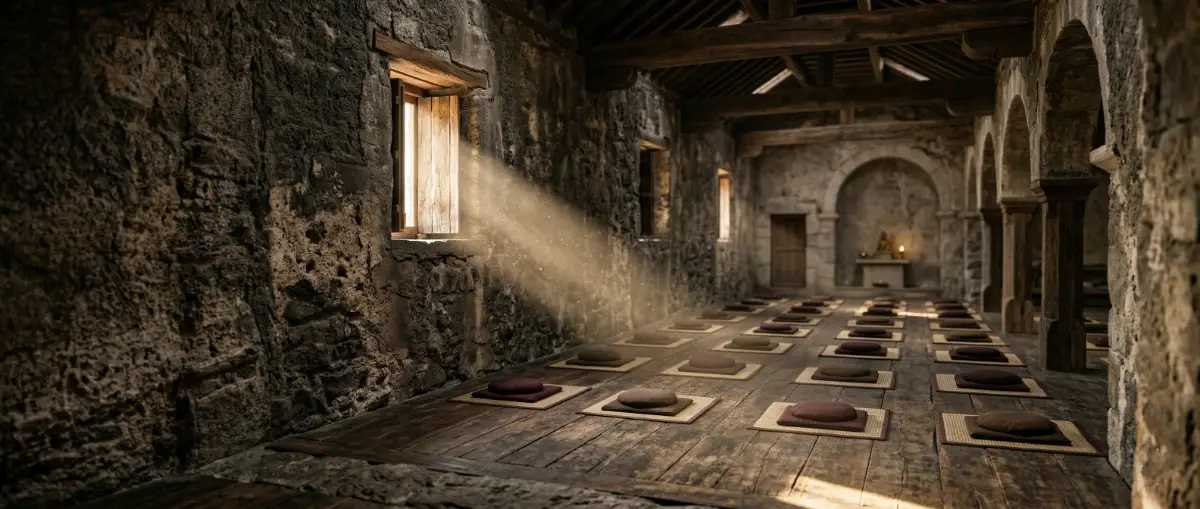 Interior of an acoustically isolated meditation hall in an Indian wellness center.