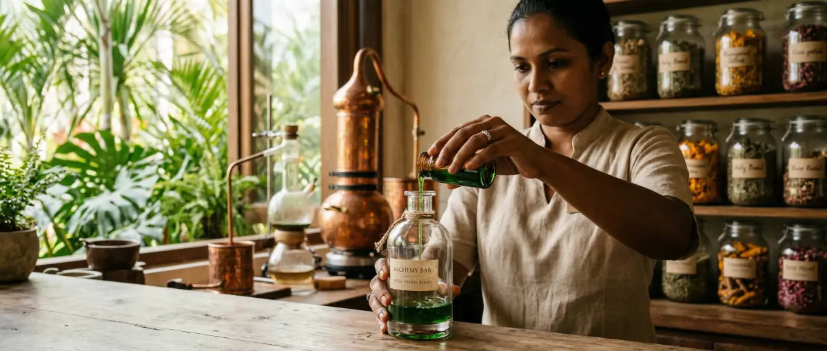 Onsite production of organic guest amenities at a regenerative luxury resort.