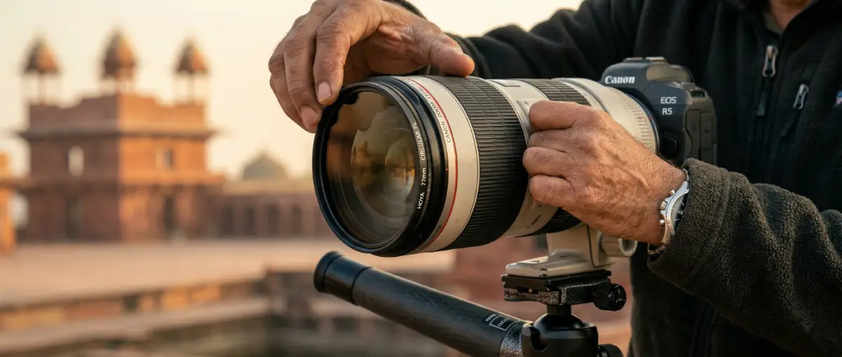 Photographer adjusting a circular polarizing filter to photograph famous places in India.