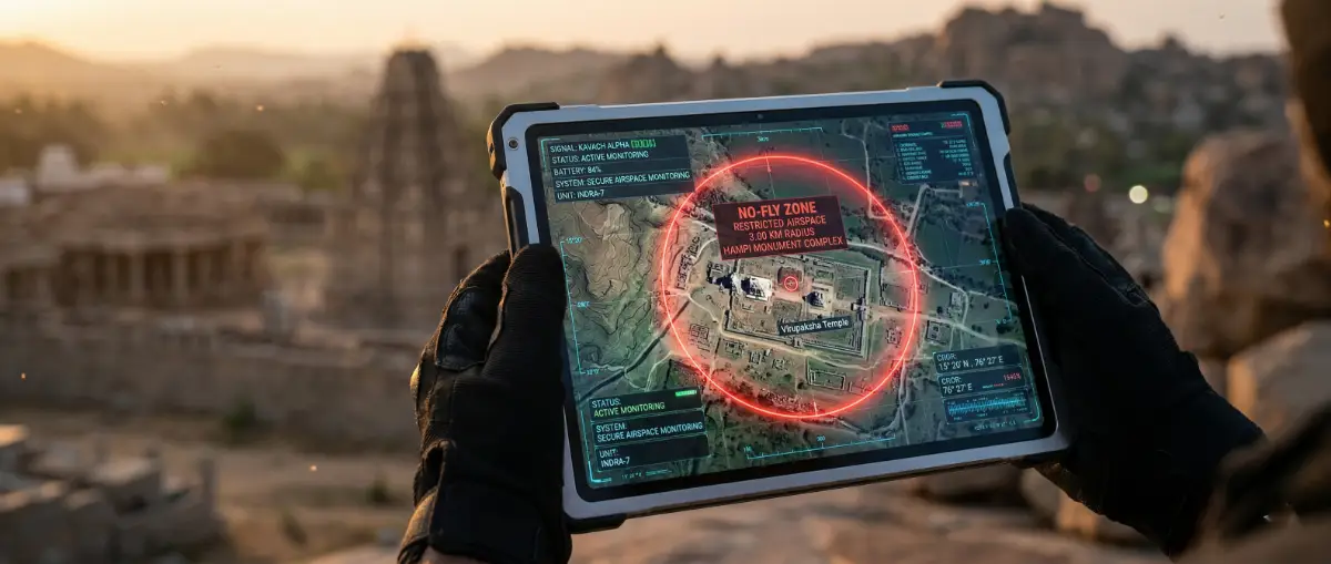 Digital map showing drone no-fly zones over India tourism guide monuments.