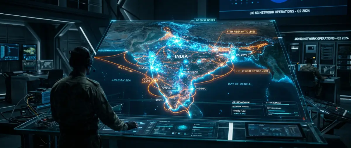 Topographical data map showing 5G cellular nodes and fiber broadband networks across India.