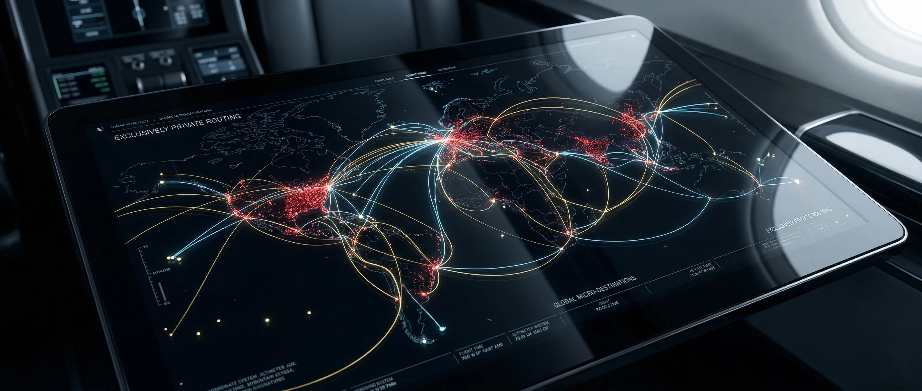 Global routing map showing private aviation paths for isolated world travel destinations.